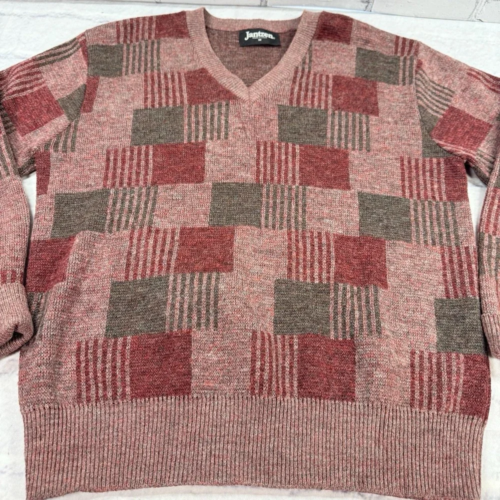 Vintage 80s Jantzen Wool‎ Blend Sweater Men's M Red V Neck Geometric USA Dad